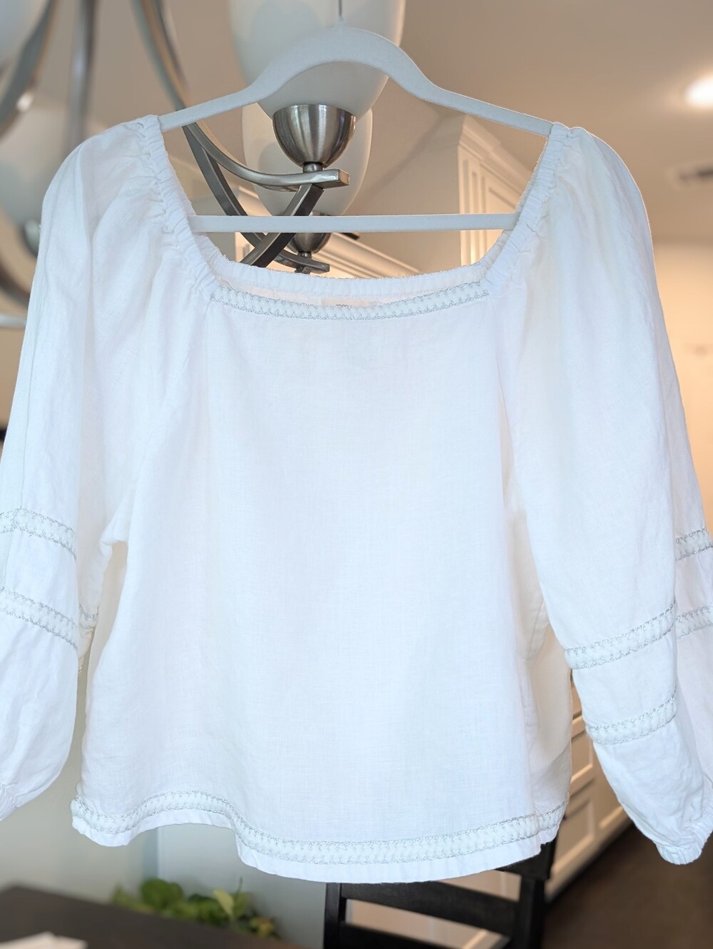 Joie 100% Linen White Peasant Off-Shoulder Top With Delicate Trim